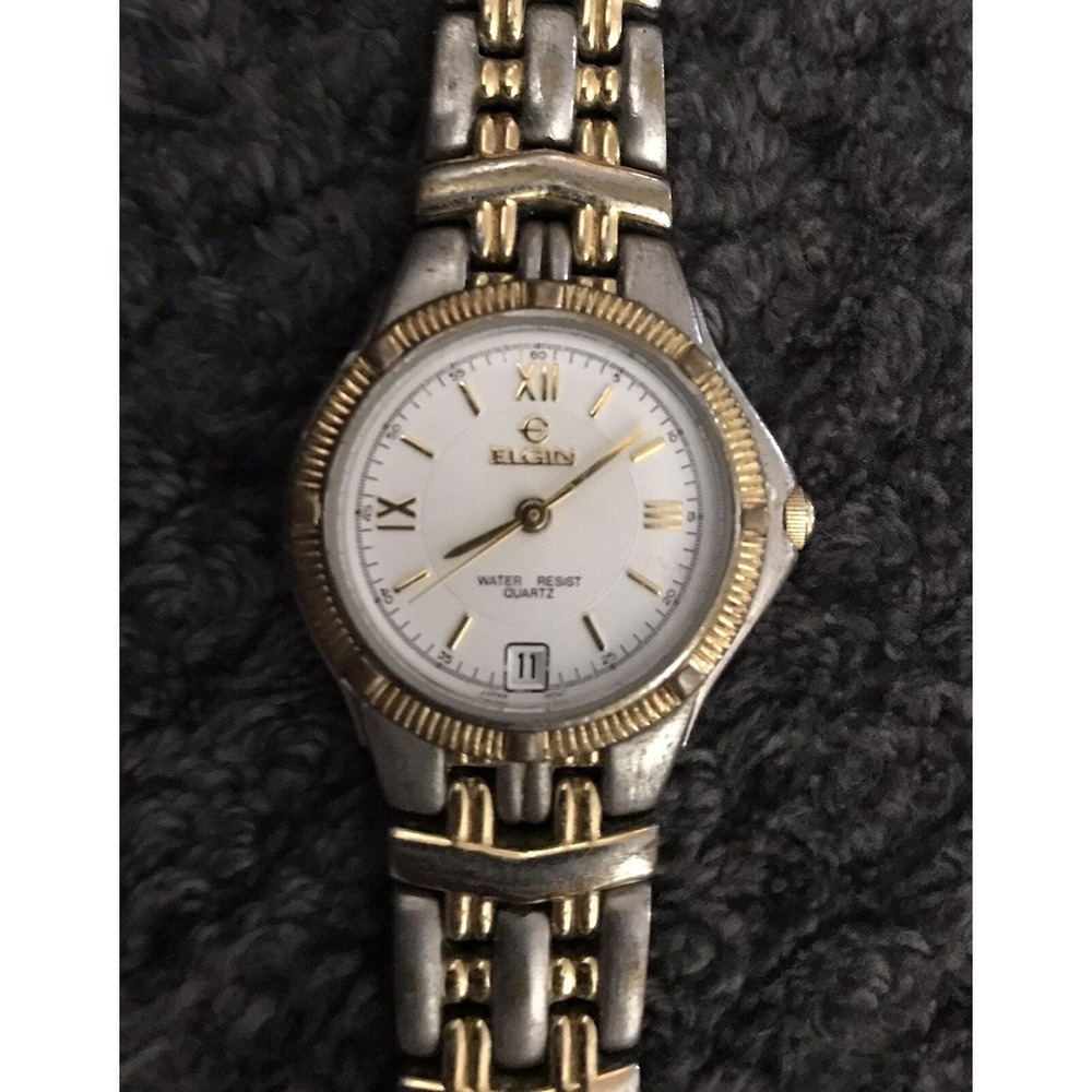 Elgin Steel Watch Women Ladies Silver Gold Two Tone Date Needs Battery Untested